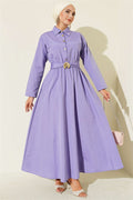 Elastic Waist Half Gold Buttoned Dress Lilac