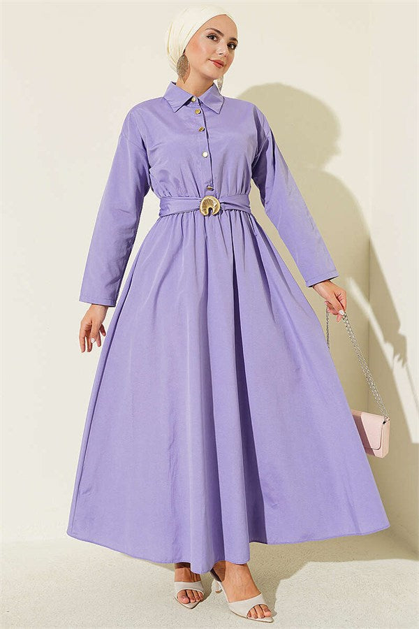Elastic Waist Half Gold Buttoned Dress Lilac