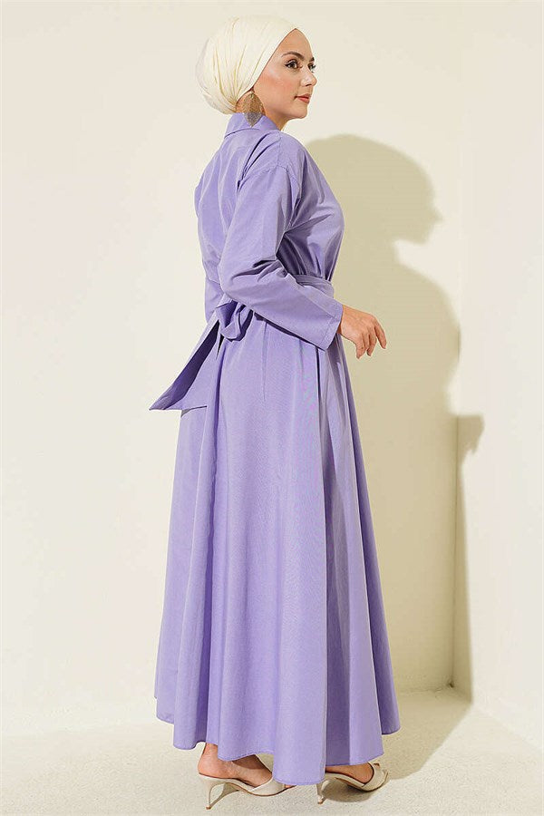 Elastic Waist Half Gold Buttoned Dress Lilac