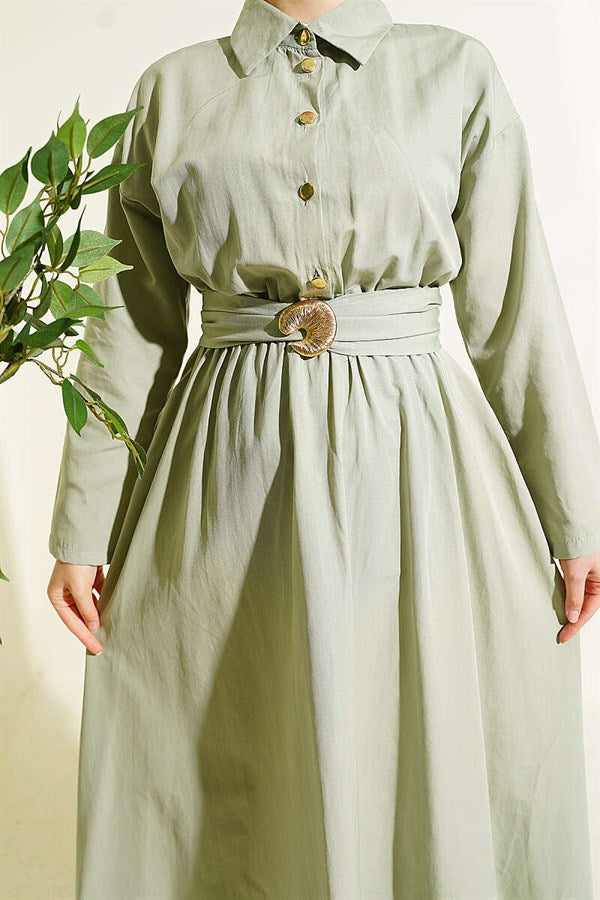 Mint Dress with Elastic Waist and Half Gold Buttons