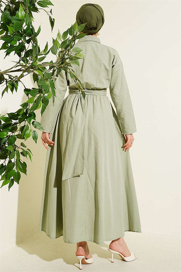 Mint Dress with Elastic Waist and Half Gold Buttons