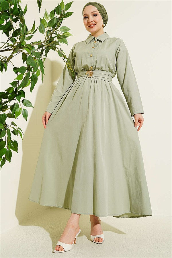 Mint Dress with Elastic Waist and Half Gold Buttons