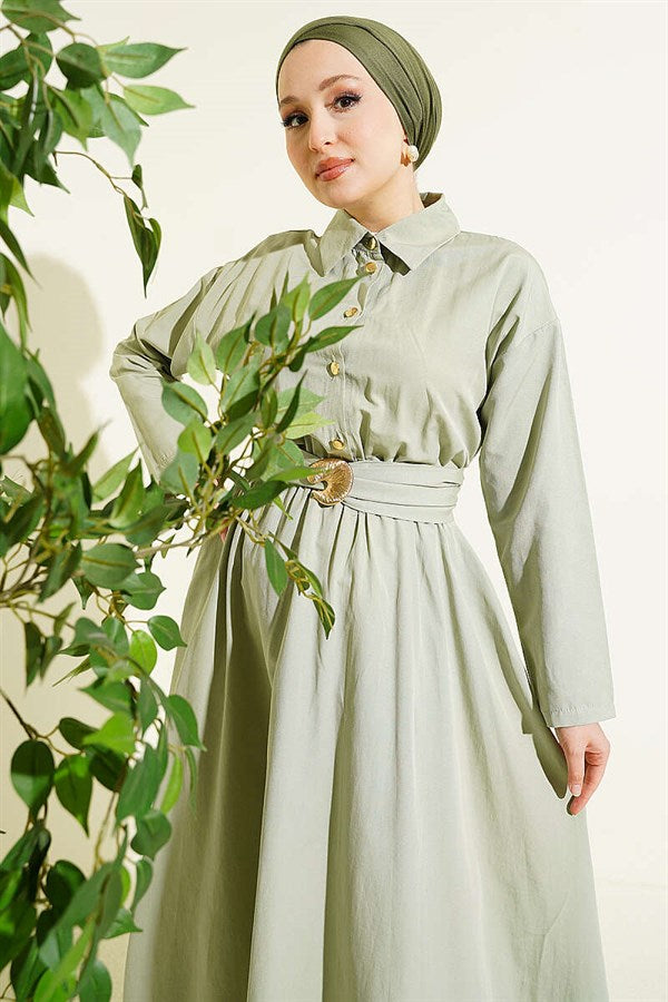 Mint Dress with Elastic Waist and Half Gold Buttons