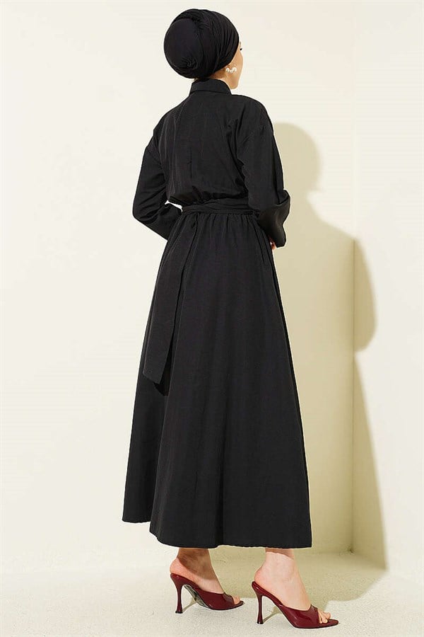 Black Dress with Elastic Waist and Half Gold Buttons