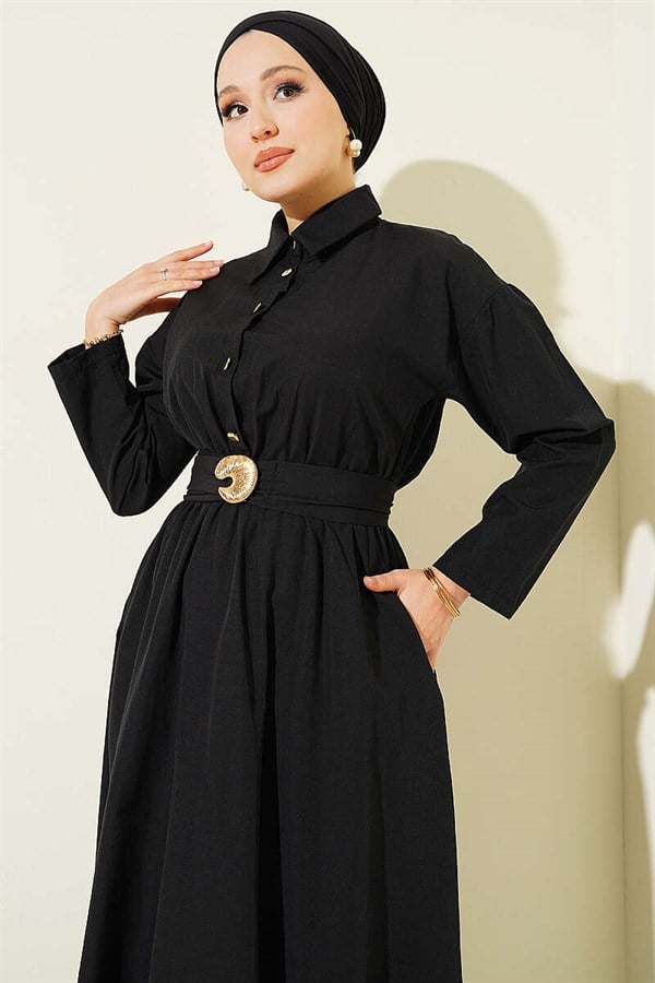 Black Dress with Elastic Waist and Half Gold Buttons