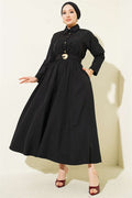 Black Dress with Elastic Waist and Half Gold Buttons