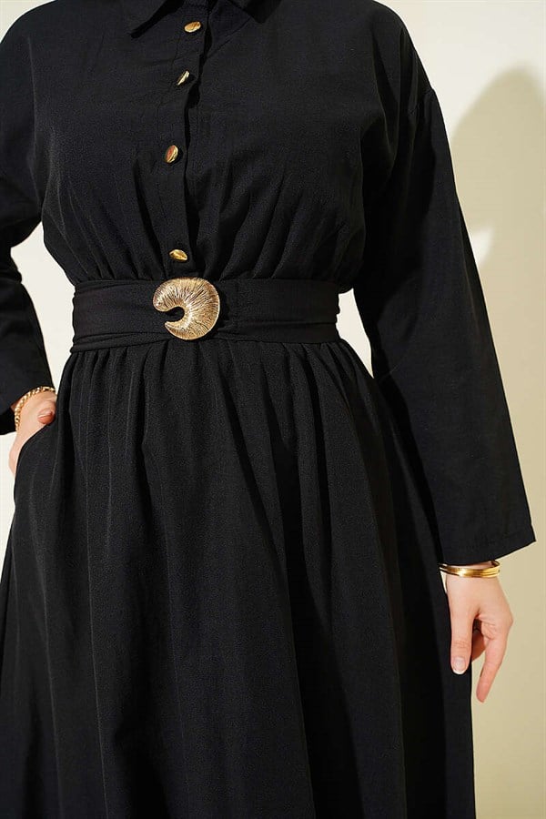 Black Dress with Elastic Waist and Half Gold Buttons