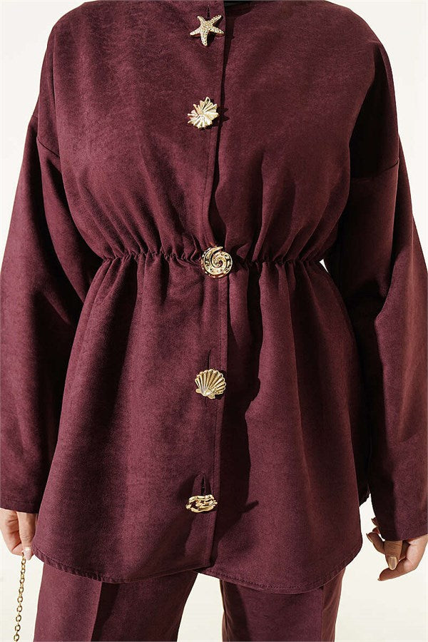 2 Piece Set with Elastic Waistband and Gold Buttons, Plum