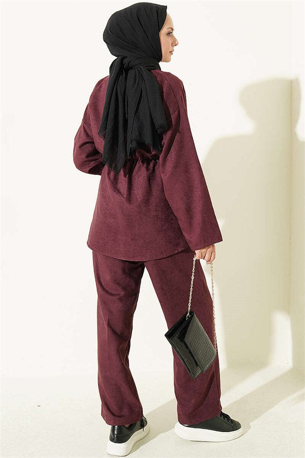 2 Piece Set with Elastic Waistband and Gold Buttons, Plum