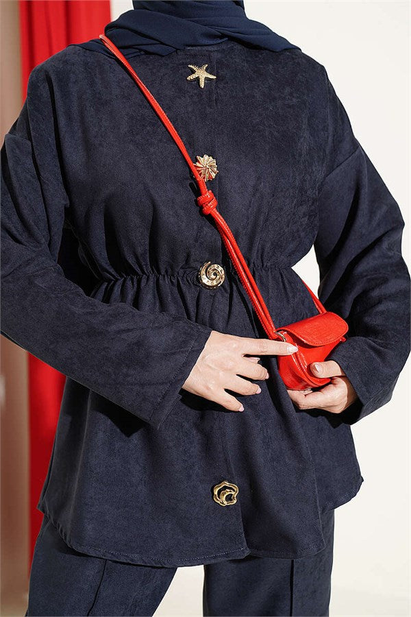 2 Piece Set with Elastic Waistband and Gold Star Buttons, Navy Blue