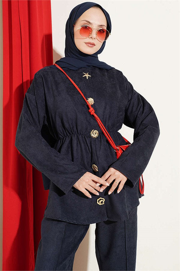 2 Piece Set with Elastic Waistband and Gold Star Buttons, Navy Blue