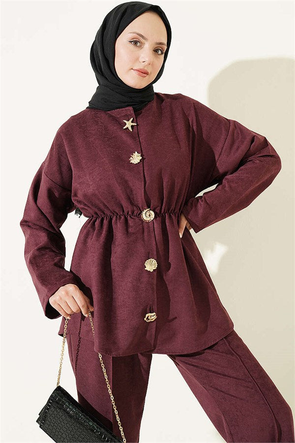 2 Piece Set with Elastic Waistband and Gold Buttons, Plum