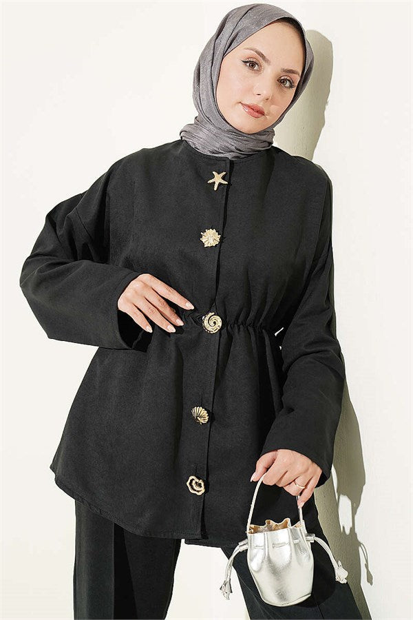 2 Piece Set with Elastic Waistband and Gold Buttons, Black