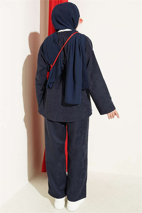 2 Piece Set with Elastic Waistband and Gold Star Buttons, Navy Blue