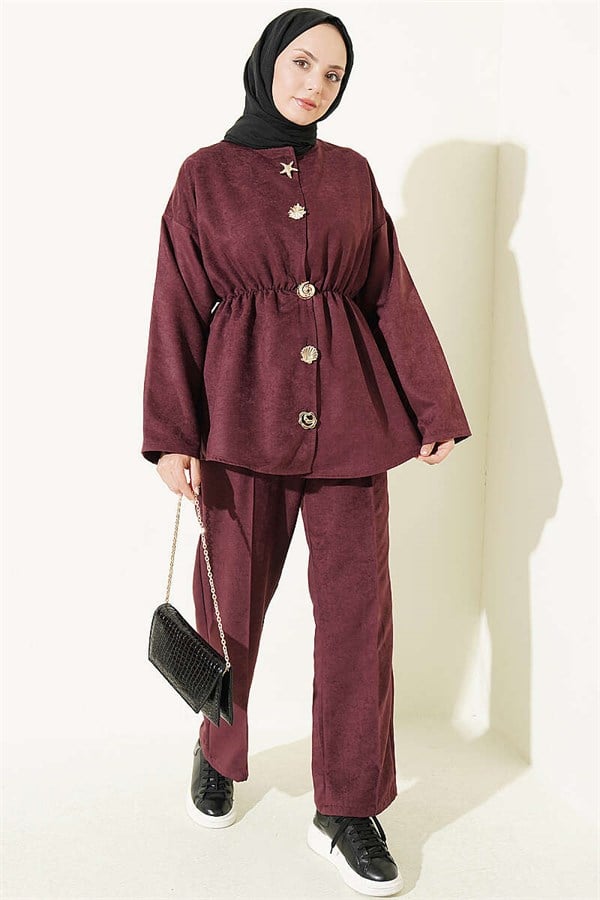 2 Piece Set with Elastic Waistband and Gold Buttons, Plum