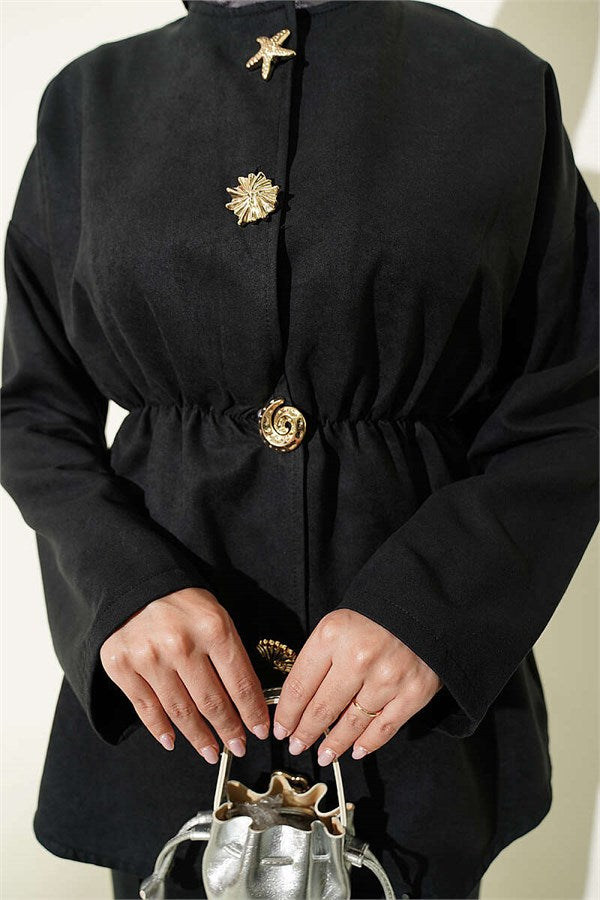 2 Piece Set with Elastic Waistband and Gold Buttons, Black