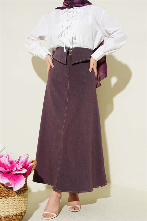 Waist Pieced Belted Skirt Burgundy