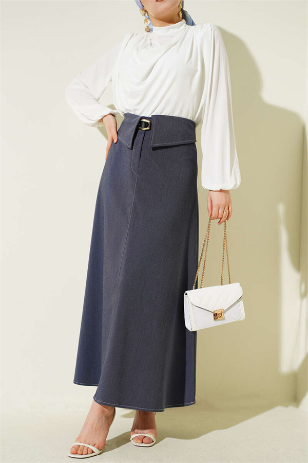 Waistband Skirt with Belt, Blue