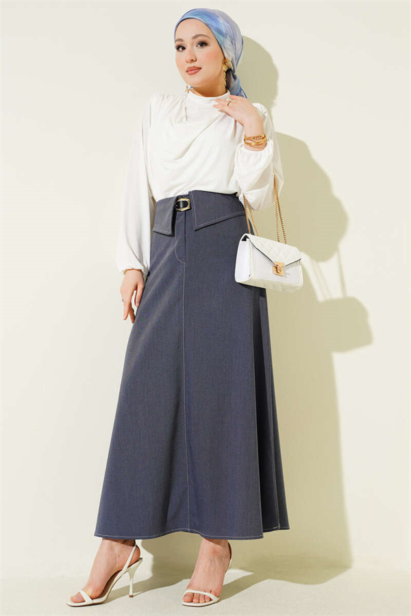 Waistband Skirt with Belt, Blue