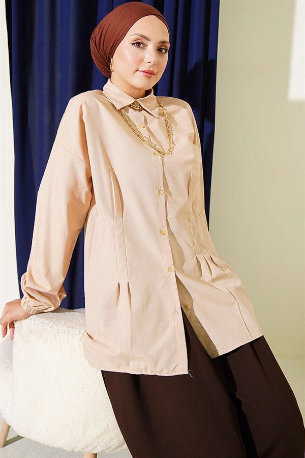 Shirt with Waist Darts and Elastic Cuffs, Beige