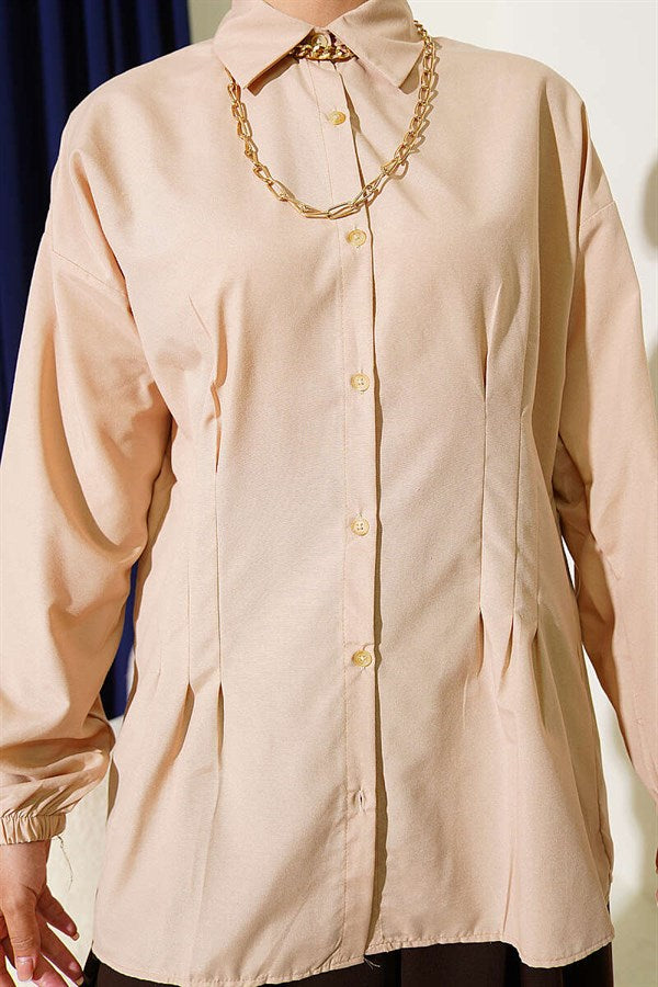 Shirt with Waist Darts and Elastic Cuffs, Beige
