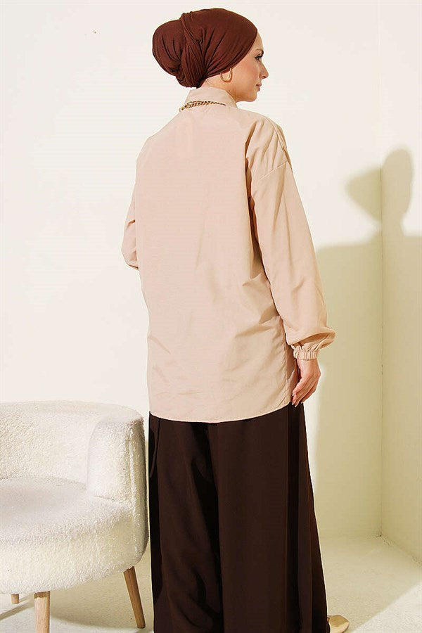 Shirt with Waist Darts and Elastic Cuffs, Beige