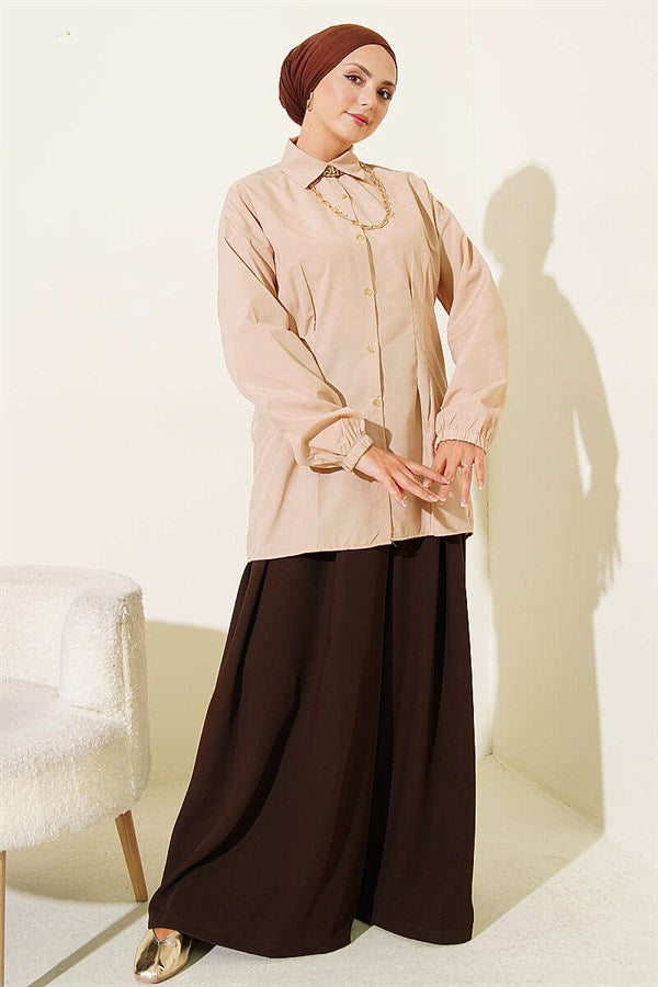 Shirt with Waist Darts and Elastic Cuffs, Beige