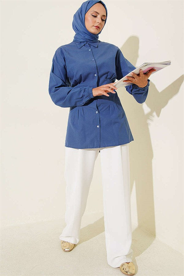 Indigo Shirt with Waist Darts and Elastic Cuffs
