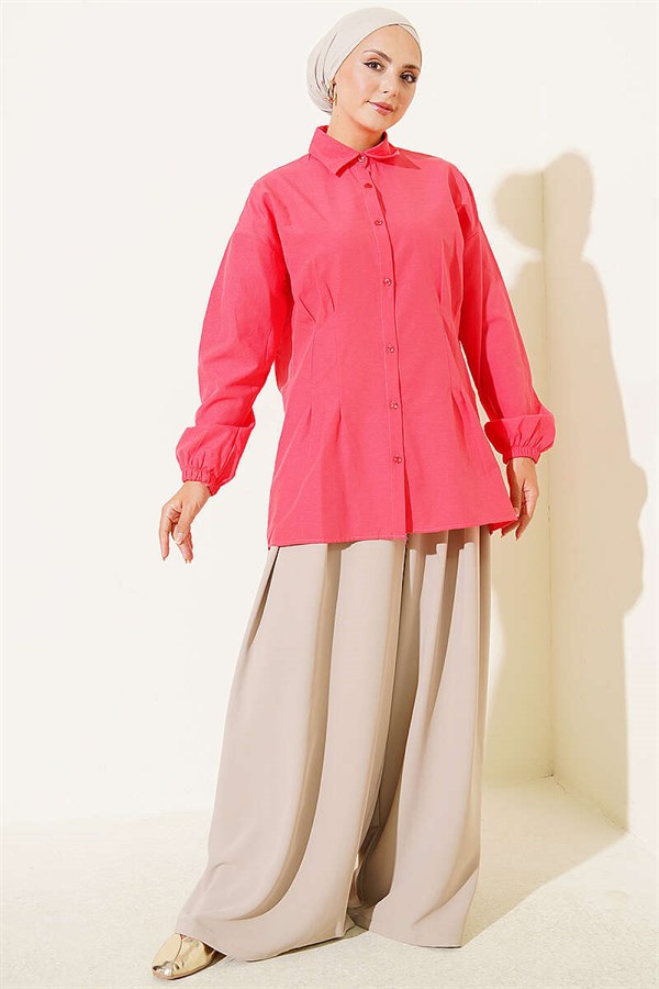 Shirt with Waist Darts and Elastic Cuffs, Pomegranate Blossom
