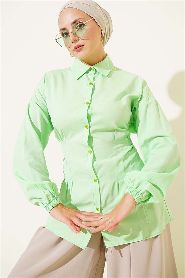 Shirt with Waist Darts and Elastic Cuffs, Aqua Green