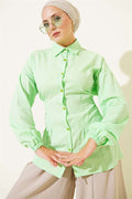 Shirt with Waist Darts and Elastic Cuffs, Aqua Green