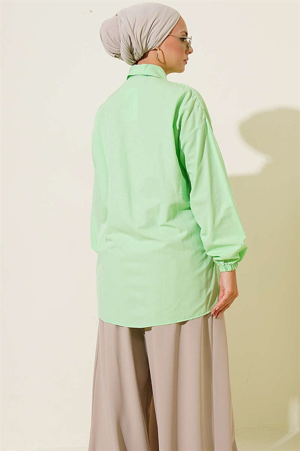 Shirt with Waist Darts and Elastic Cuffs, Aqua Green