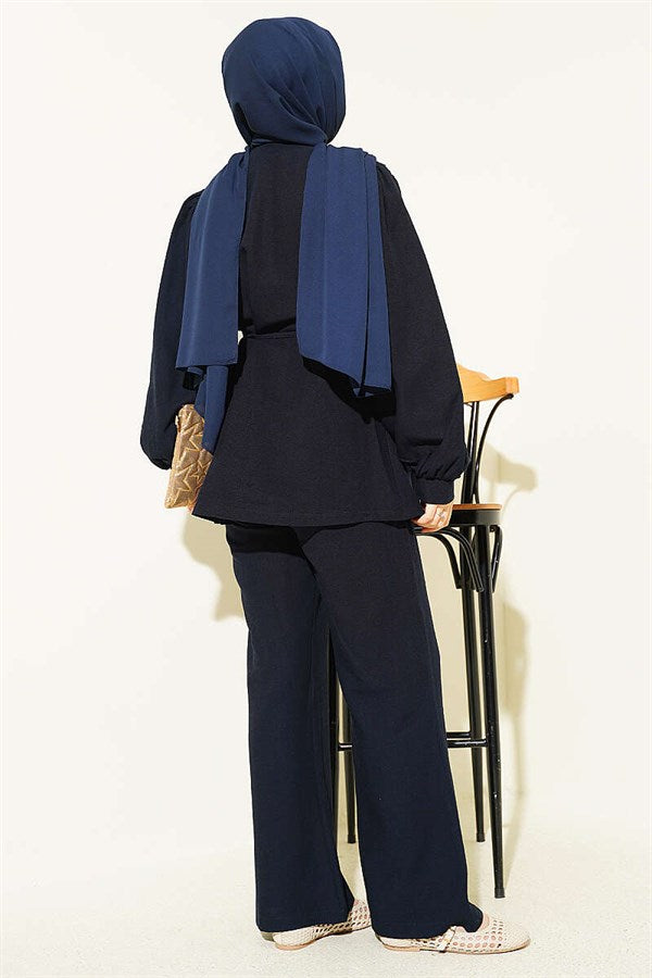 Navy Blue Linen 2 Piece Set with Waist Darts and British Button Closure