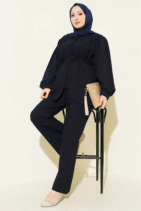 Navy Blue Linen 2 Piece Set with Waist Darts and British Button Closure