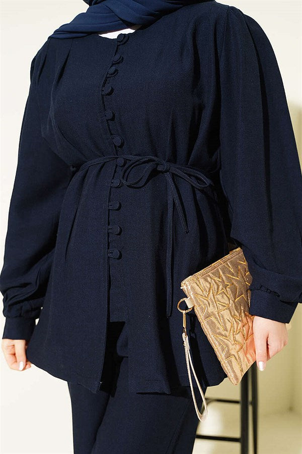 Navy Blue Linen 2 Piece Set with Waist Darts and British Button Closure