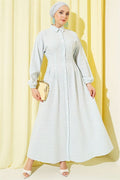 Striped Button-Down Dress with Waist Darts, Baby Blue