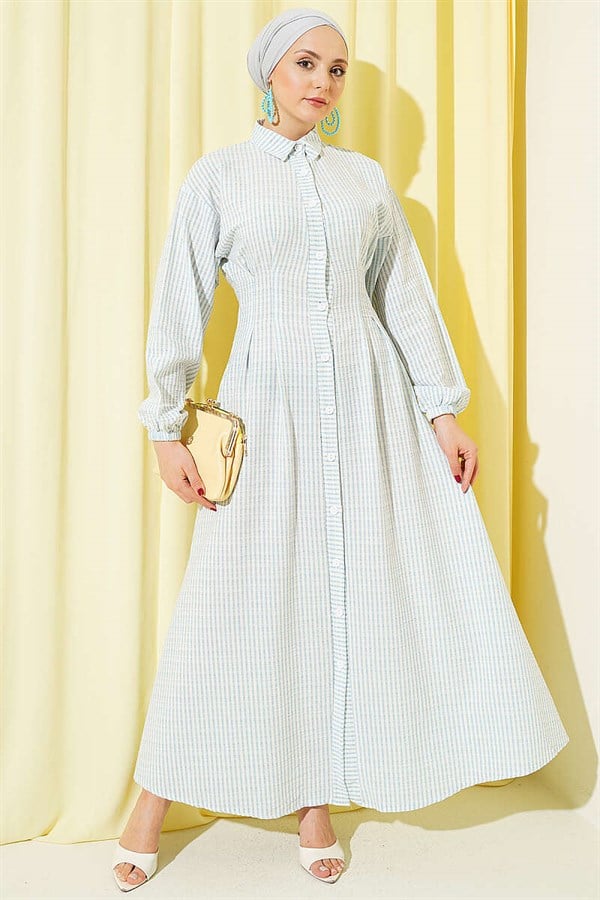 Striped Button-Down Dress with Waist Darts, Baby Blue