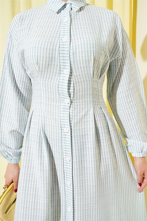 Striped Button-Down Dress with Waist Darts, Baby Blue