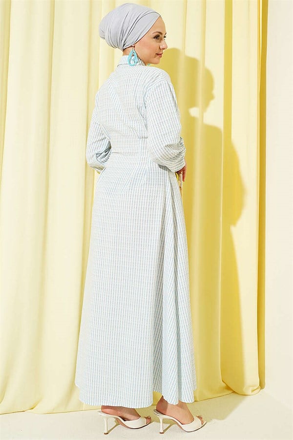 Striped Button-Down Dress with Waist Darts, Baby Blue