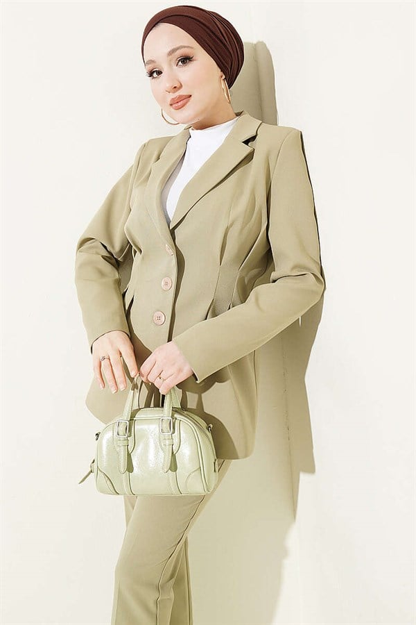 2 Piece Set Suit with button-down jacket and darts, mint green.