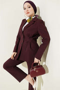 2 Piece Set Suit with buttoned jacket and darts, plum color.