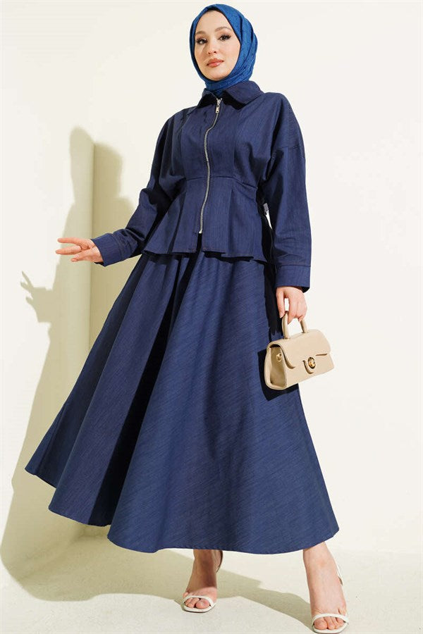 Denim 2 Piece Set with Waist Darts and Zipper, Indigo