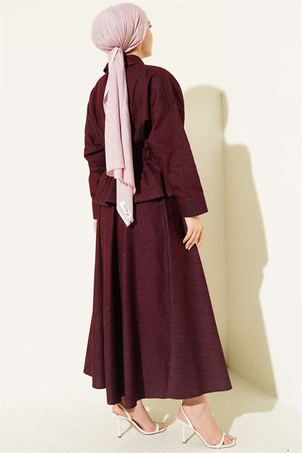 Denim 2 Piece Set with Waist Darts and Zipper, Burgundy