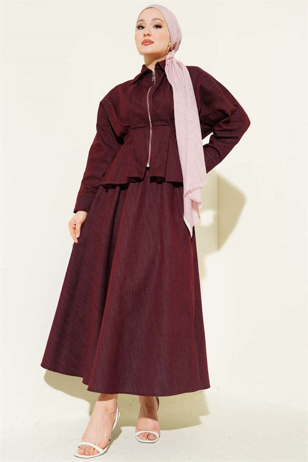 Denim 2 Piece Set with Waist Darts and Zipper, Burgundy
