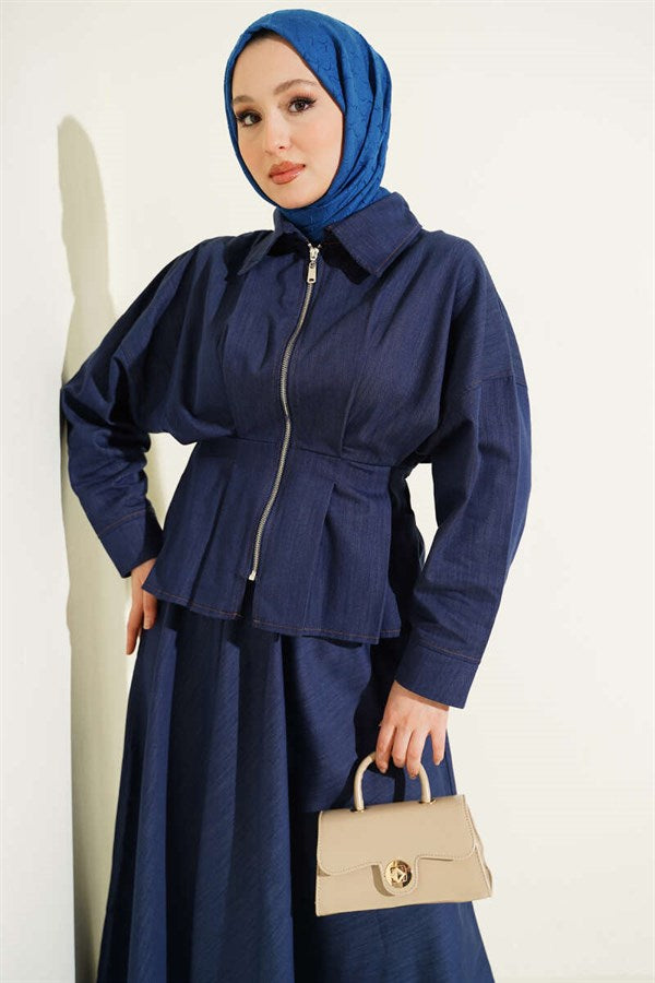 Denim 2 Piece Set with Waist Darts and Zipper, Indigo