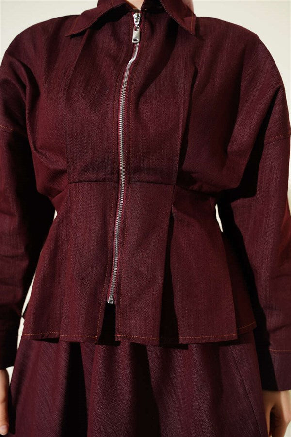 Denim 2 Piece Set with Waist Darts and Zipper, Burgundy