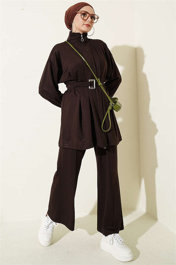 Two-Piece Set with Waist Darts and Zipper, Dark Brown