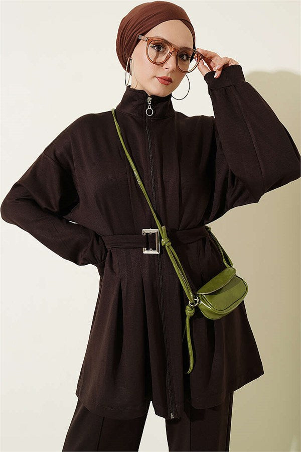 Two-Piece Set with Waist Darts and Zipper, Dark Brown