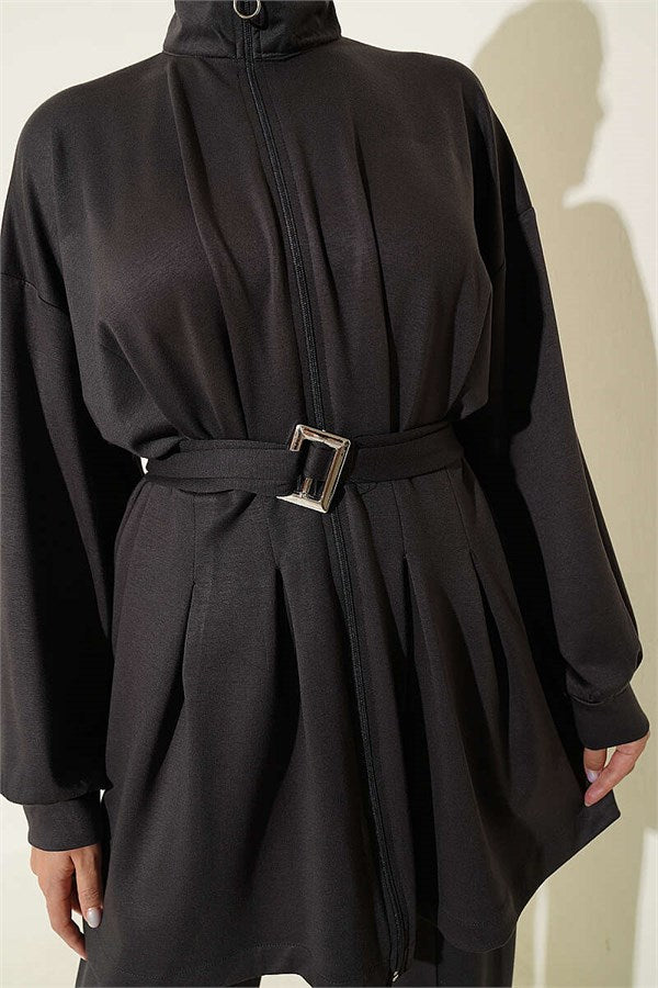 Two-Piece Set with Waist Darts and Zipper, Smoke Grey