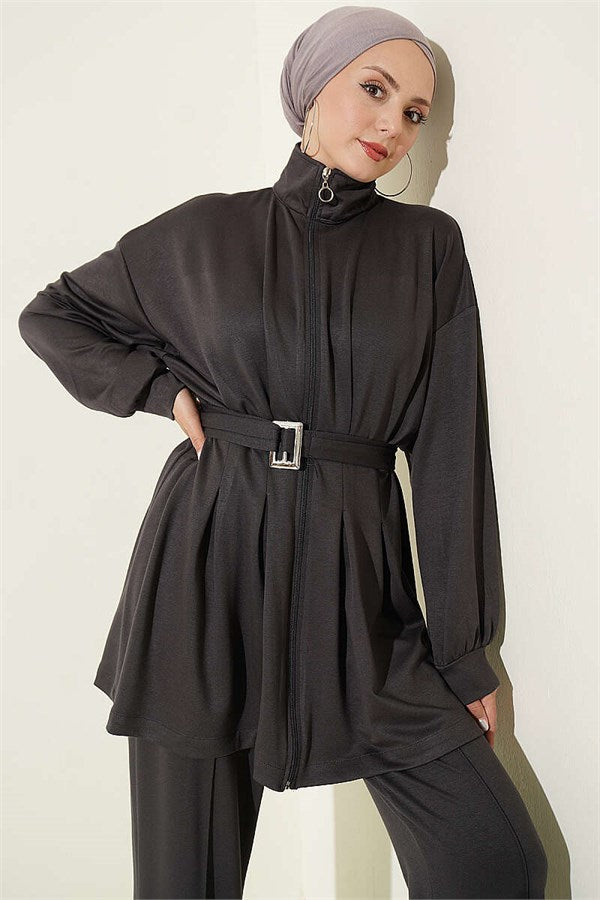Two-Piece Set with Waist Darts and Zipper, Smoke Grey